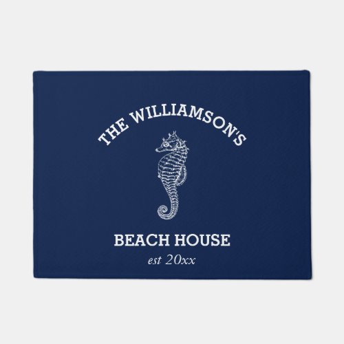 Navy Family Name  Beach House  Seahorse Doormat