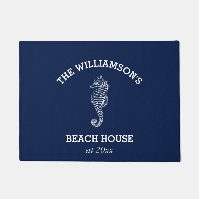 Navy Family Name  Beach House | Seahorse Doormat (Front)