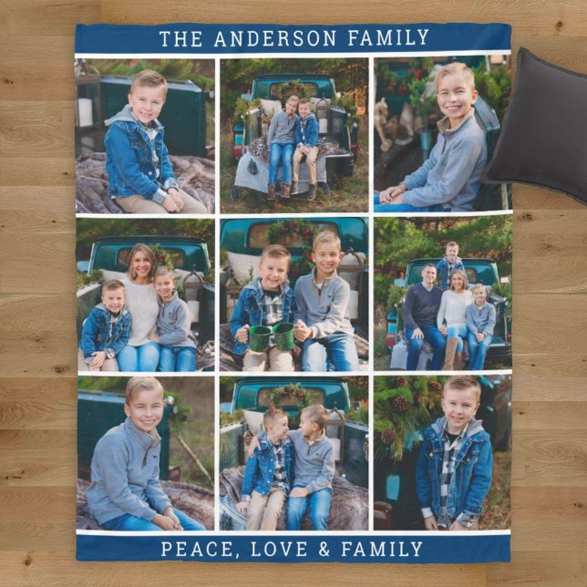 Navy Family Photo Collage Peace Love Fleece Blanket (Creator Uploaded)