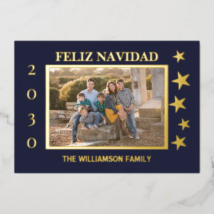Navy Family Photo Feliz Navidad Gold Foil  Foil Holiday Card