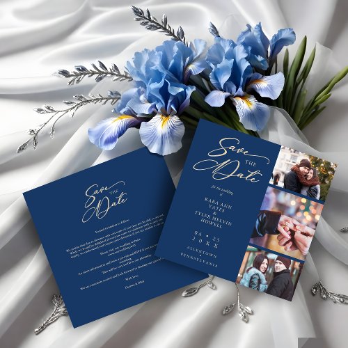 Navy Fancy Collage 3 Photos Couple Wedding Save The Date