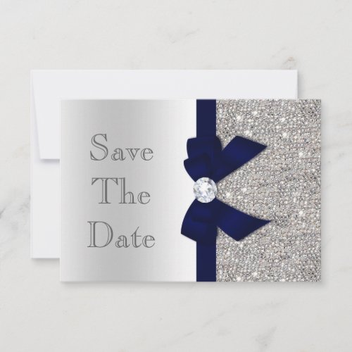 Navy Faux Bow  Diamonds Silver Save The Date