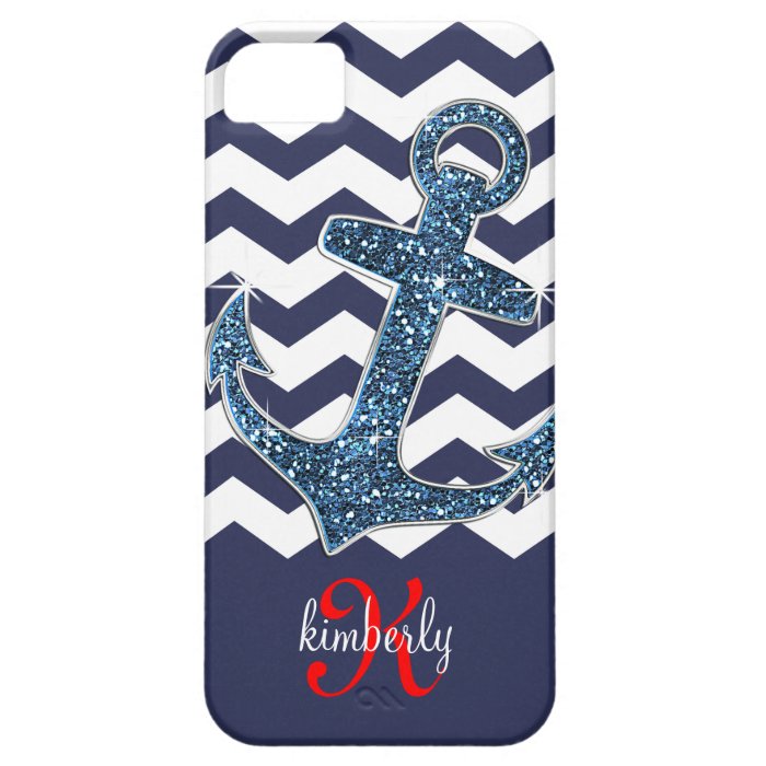 Navy Faux Glitter Anchor Chevron Personalized iPhone 5 Covers