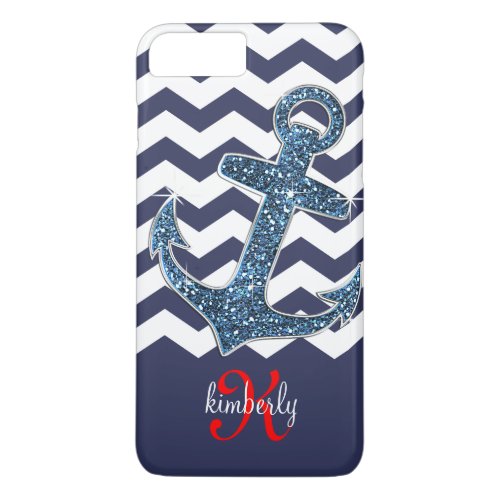 Navy Faux Glitter Anchor Chevron Personalized iPhone 8 Plus7 Plus Case