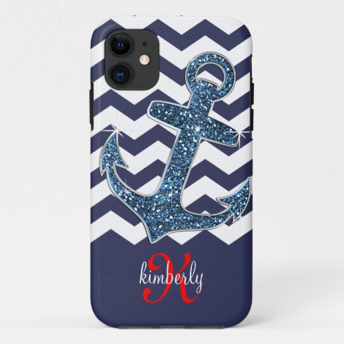 Navy Faux Glitter Anchor Chevron Personalized iPhone 11 Case