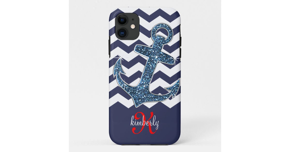 Navy Faux Glitter Anchor Chevron Personalized Case-Mate iPhone