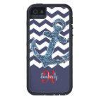 Navy Faux Glitter Anchor Chevron Personalized