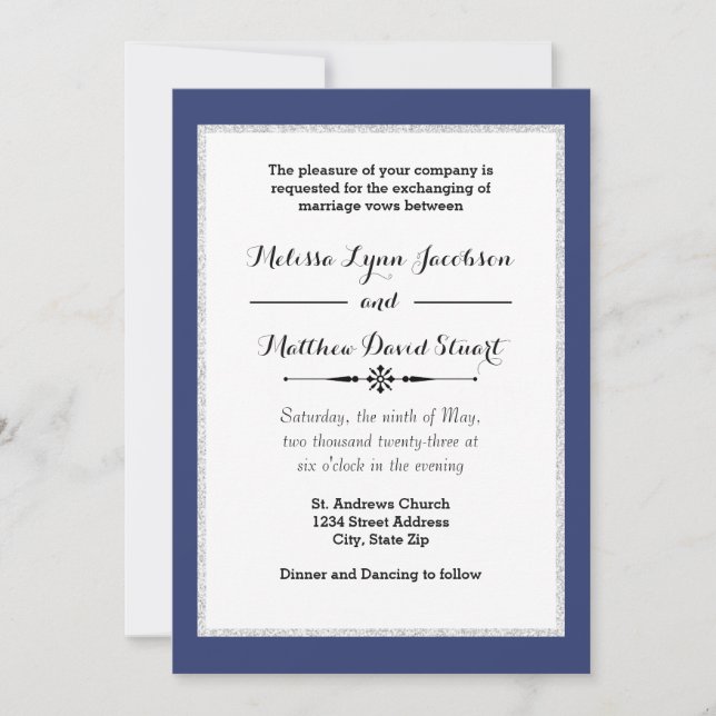 Navy & Faux Glitter Framed - Wedding Invitation (Front)