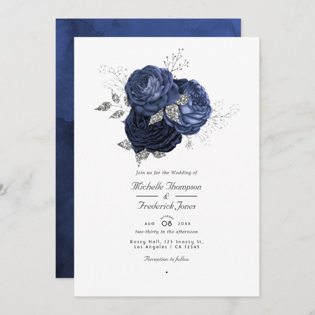 Navy & Faux Glitter Silver Floral QR Code Wedding Invitation (Front/Back)