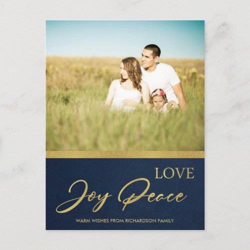 NAVY FAUX GOLD CALLIGRAPHY LOVE JOY PEACE PHOTO HOLIDAY POSTCARD