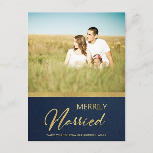 NAVY FAUX GOLD CALLIGRAPHY MERRILY MARRIED PHOTO HOLIDAY POSTCARD