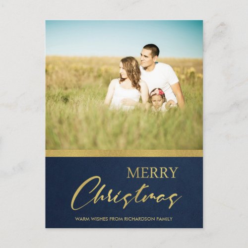 NAVY FAUX GOLD CALLIGRAPHY MERRY CHRISTMAS PHOTO HOLIDAY POSTCARD