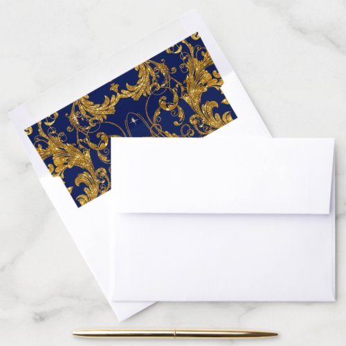 Navy Faux Gold Glitter Vintage Art Deco Scrollwork Envelope Liner