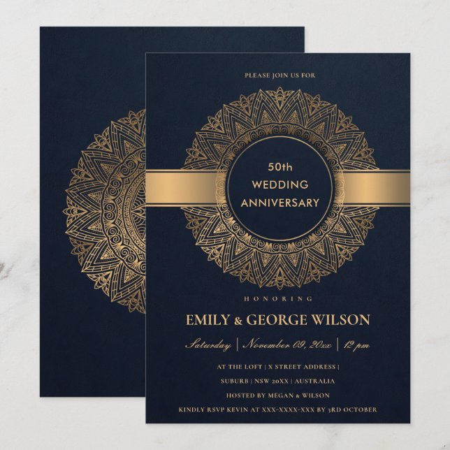 NAVY FAUX GOLD MANDALA ANY YEAR 50TH ANNIVERSARY INVITATION (Front/Back)