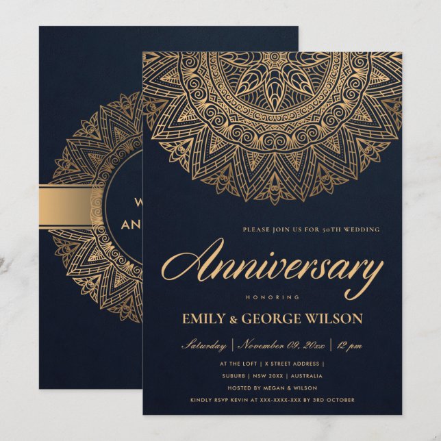 NAVY FAUX GOLD MANDALA ANY YEAR 50TH ANNIVERSARY INVITATION (Front/Back)