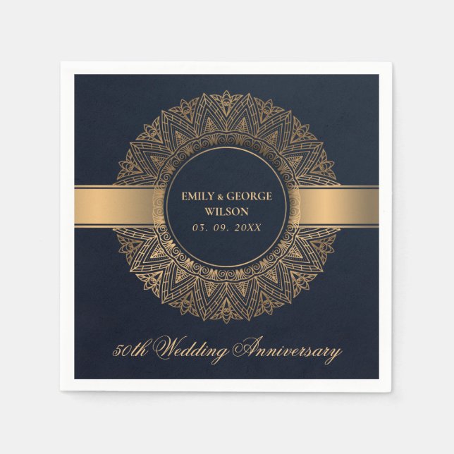 NAVY FAUX GOLD MANDALA ANY YEAR 50TH ANNIVERSARY NAPKINS (Front)