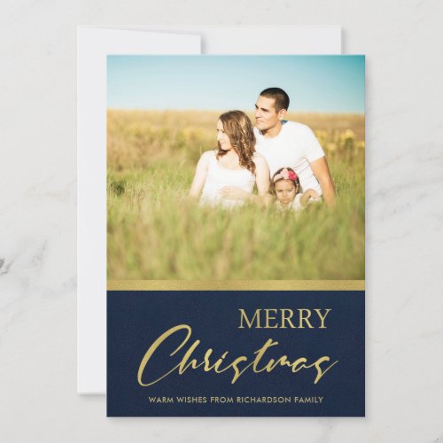 NAVY FAUX GOLD MINIMAL MERRY CHRISTMAS PHOTO HOLIDAY CARD