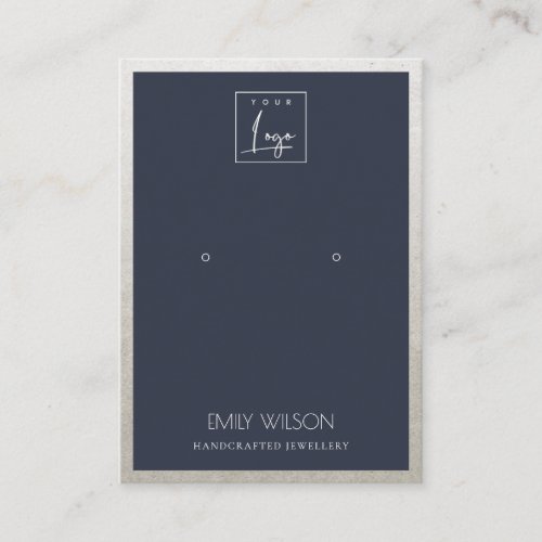 NAVY FAUX SILVER BORDER LOGO EARRING DISPLAY BUSINESS CARD