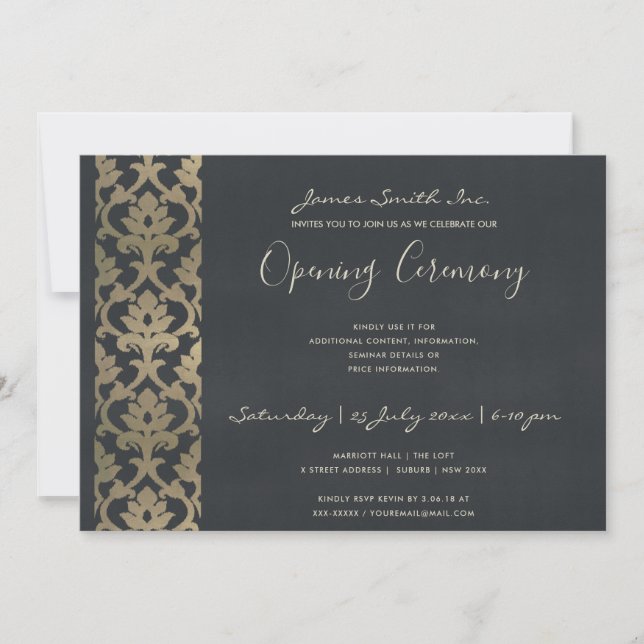 NAVY FAUX SILVER DAMASK GRAND OPENING CEREMONY INVITATION (Front)