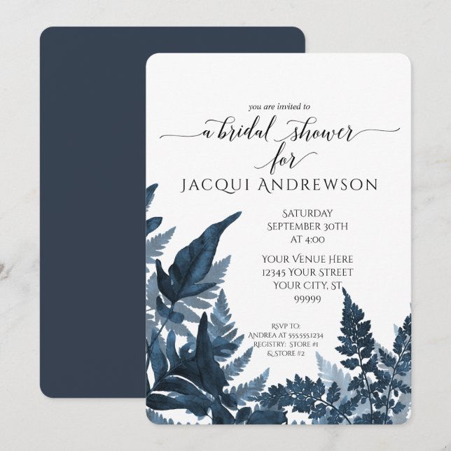 Navy Fern Foliage Forest Botanical Bridal Shower Invitation (Front/Back)