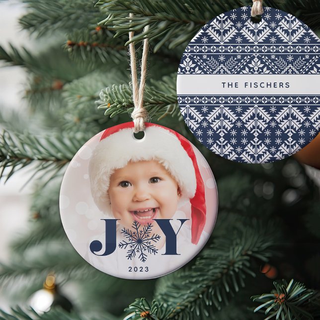 Navy | Festive Joy Holiday Photo Ceramic Ornament (Creator Uploaded)
