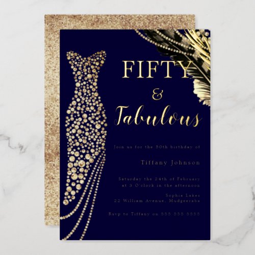 Navy Fifty  Fabulous Gold Dress 50th Birthday  Foil Invitation