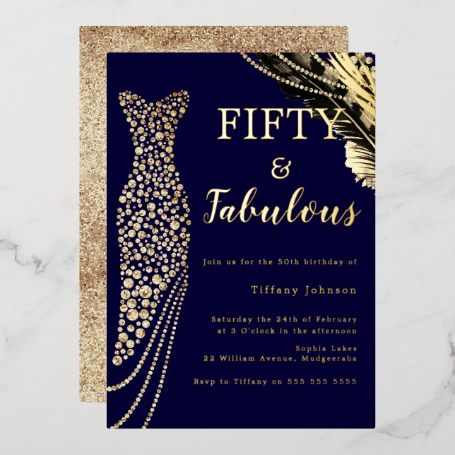 Navy Fifty & Fabulous Gold Dress 50th Birthday  Foil Invitation (Front/Back)