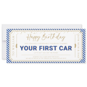 Navy First Car Birthday Gift Voucher Card