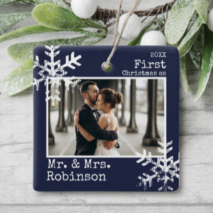 Navy First Christmas Married Photo Ceramic Ornament