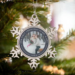 Navy | First Married Christmas Photo Snowflake Pewter Christmas Ornament<br><div class="desc">A perfect gift for newlyweds, this elegant snowflake shaped Christmas ornament features a favorite photo encircled by a navy blue border. "Our first Christmas as Mr. & Mrs." curves over the top of your photo in ivory lettering, with the year beneath. Customize with a wedding photo to create a unique...</div>