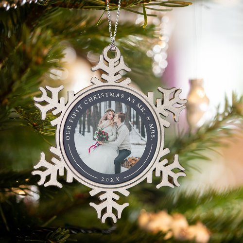 Navy  First Married Christmas Photo Snowflake Pewter Christmas Ornament