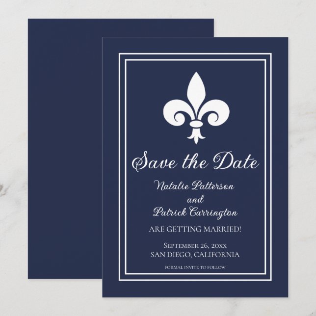 Navy Fleur de Lis Save the Date Invite (Front/Back)