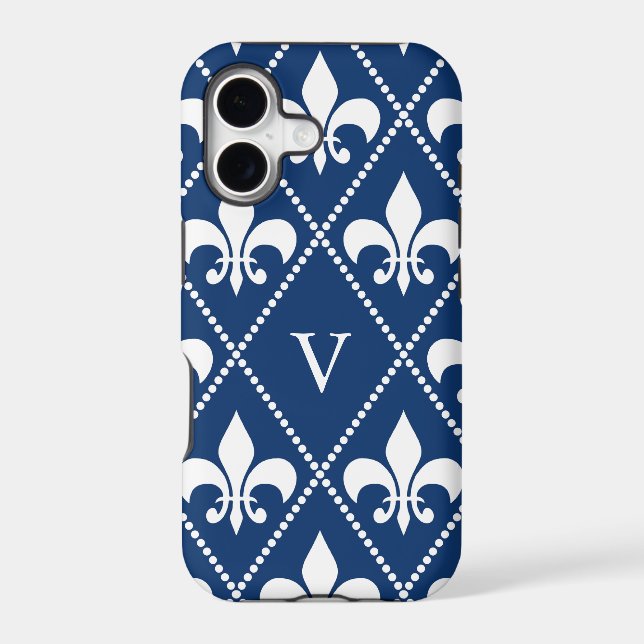 Navy Fleur de Lis w/ monogram Iphone Case (Back)