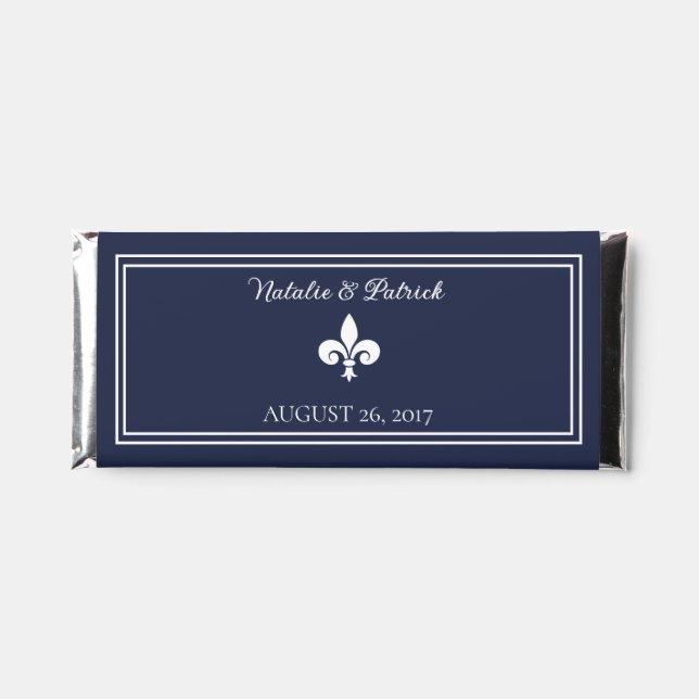 Navy Fleur de Lis Wedding Hershey Bar Favors (Front)