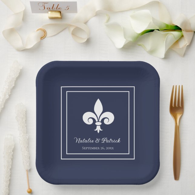 Navy Fleur de Lis Wedding Paper Plates (Wedding)