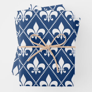 Navy Fleur de Lis Wrapping Paper Sheets