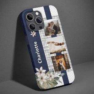 Navy Floral 3 Photo Collage Name iPhone 17 Case