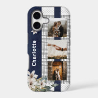 Navy Floral 3 Photo Collage Personalized Name