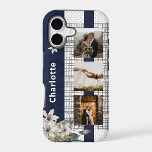 Navy Floral 3 Photo Collage Personalized Name iPhone 17 Case