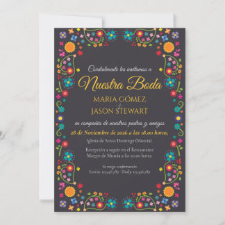 Navy Floral Aesthetic Folk Art Spanish Wedding Invitation