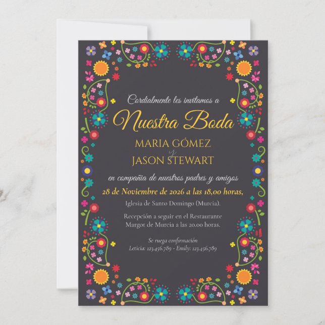 Navy Floral Aesthetic Folk Art Spanish Wedding Invitation (Front)