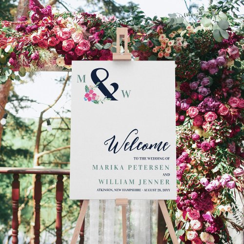 Navy Floral Ampersand Monogram Wedding Welcome Foam Board