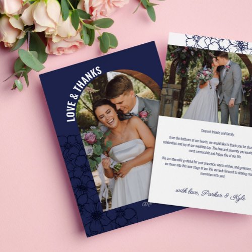 Navy Floral Arch Wedding Photo Love  Thanks Thank You Card