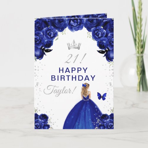 Navy Floral Blonde Hair Girl Happy Birthday