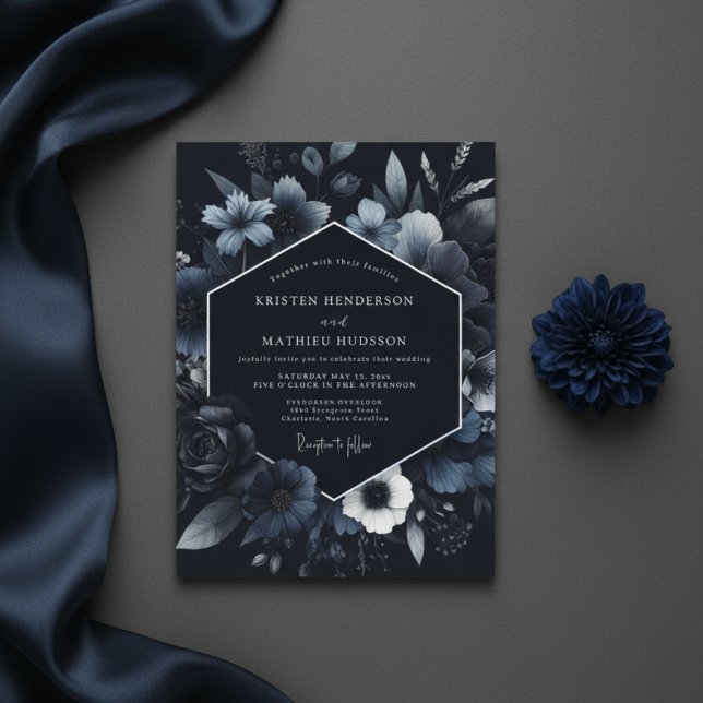Navy Floral Bloom Wedding Invitation (Creator Uploaded)