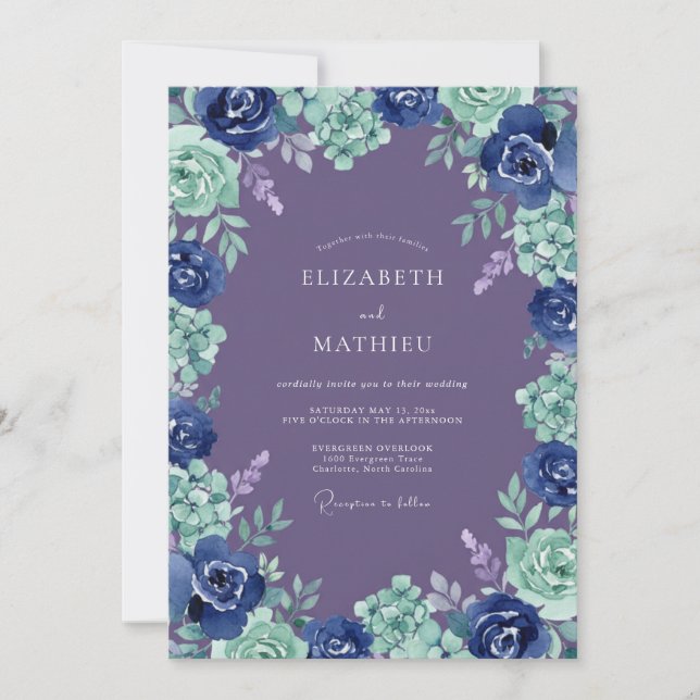 Navy Floral Blossom Romantic Wedding Invitation (Front)