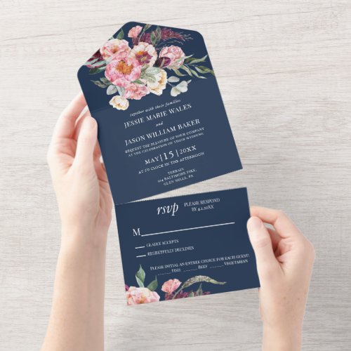 Navy Floral Blush Pink Wedding  All In One Invitation