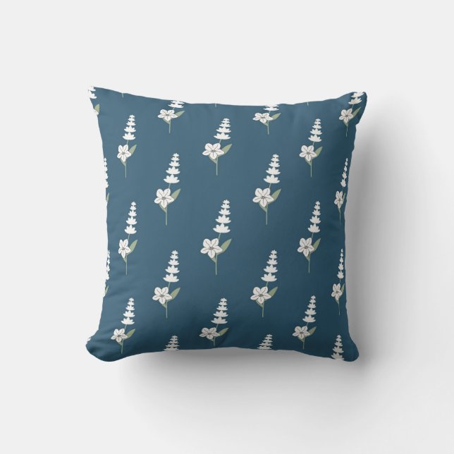 Navy Floral Bohemian Botanical Pattern Throw Pillow (Front)