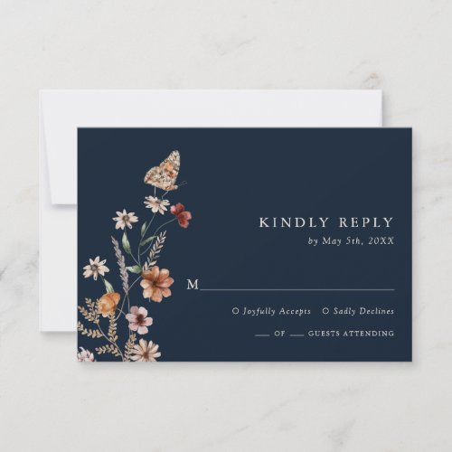 Navy Floral Boho Chic Wedding RSVP Card