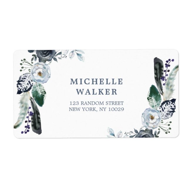 Navy Floral Boho Wedding Address Label (Front)